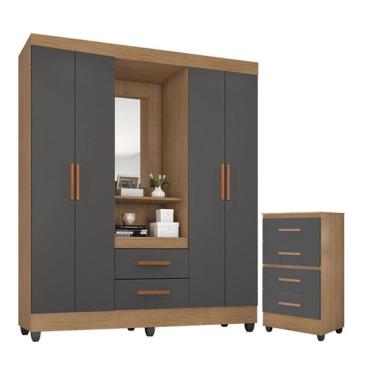 Imagem de Guarda Roupa Casal Capela Com Cômoda 4 Gavetas Lite Nature Cinza - Móveis Leão