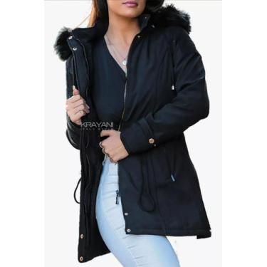 Imagem de Jaqueta Feminina Parka Forrada com Pelo Sarja Capuz Removível e Pelo e