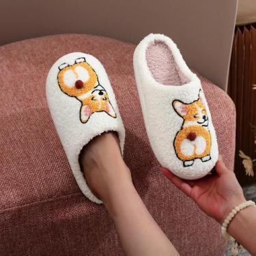 Imagem de Pantufas De Pelúcia Bordadas Com Corgi, Sola Grossa, Confortáveis, De 
