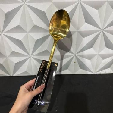Imagem de Colher dourada de inox grande para arroz alimentos de cozinha com cabo