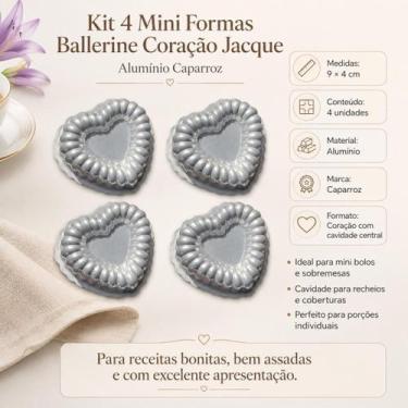 Imagem de Kit 4 Mini Formas Ballerine Coração Jacque 9x4cm Alumínio para Bolo Re
