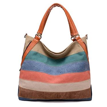 Imagem de WSLCN Bolsa de Ombro Feminina Listrada de Lona Bolsa Casual da Moda Arco Iris