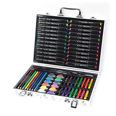 Imagem de Kit de marcador de cor, material de arte Kit de pintura Kits de desenho infantil Marcadores de lápis coloridos Tintas acrílicas Apontadores de lápis com caixa de armazenamento de madeira