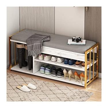 Imagem de prateleira de sapatos Bench Rack de sapatos, rack de sapatos de três camadas com armazenamento de botas, organizador de sapatos para entrada, bancada de entrada com assento estofado para espaço pequen