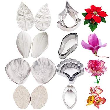 Imagem de 19 peças de moldes e cortadores de flores de pasta de goma kit de ferramentas de flores de fondant molde de veias de silicone de flor de açúcar conjunto de cortadores de biscoito de aço inoxidável para casamento, decoração de bolo de aniversário