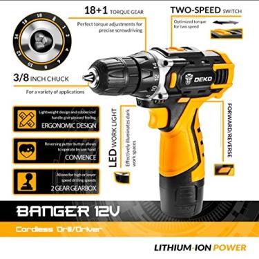 Imagem de Furadeira Sem Fio DEKO Banger 12V – Bateria de Lítio – 3/8 Polegadas