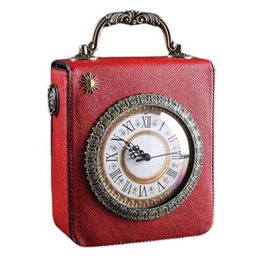 Imagem de Real Clock Bolsa feminina retrô bolsa mensageiro e bolsa de ombro de designer criativo bolsa transversal feminina pequena bolsa quadrada, Vermelho