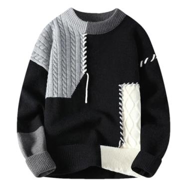 Imagem de BoShiNuo Pulôver masculino de malha outono inverno patchwork gola redonda casual tricô masculino solto streetwear suéter de malha masculino, Cinza, G