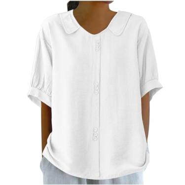 Imagem de PKDong Blusas de linho femininas gola Peter Pan blusa com abertura nas costas túnica casual ajuste solto camiseta básica moderna, Branco, G