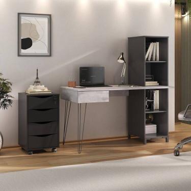 Imagem de Kit 2 Peças com Escrivaninha no Estilo Industrial Fusion com 4 Nichos e Gaveteiro 4 Gavetas Bit Concreto/Preto