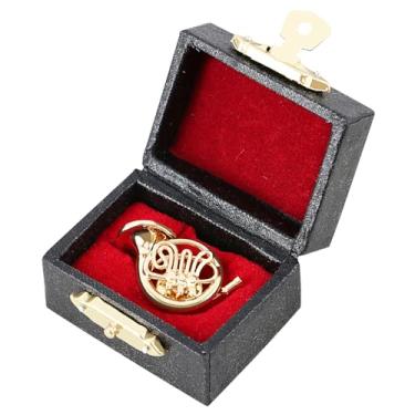 Imagem de EASTROCK Broche de chifre francês em miniatura, broche de lapela moderno de instrumento musical de 3,5 cm com estojo de instrumento forrado de veludo vermelho, presentes de trompa francesa, Latão