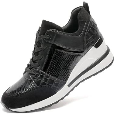 Imagem de YZ Tênis feminino moderno de salto alto com cadarço plataforma, Preto, 36