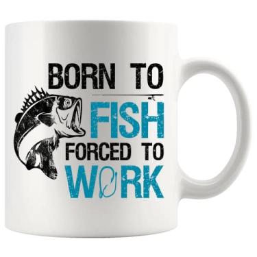 Imagem de Panvola Caneca de pescador Born To Fish Forced To Work Presentes de pesca para marido pai avô namorado canecas de cerâmica 325 ml novidade branca
