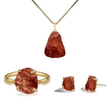 Imagem de Conjunto Natura Jaspe Vermelho - Cristal Natural, Banho Ouro 18k