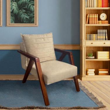 Imagem de Poltrona Monalisa Decorativa Mona Pés de Madeira Maciça Linho Bege - C