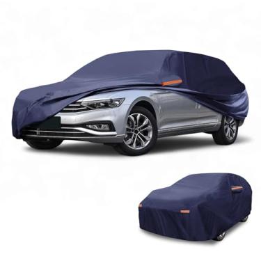 Imagem de Partuto 1 peça capa universal para carro à prova d'água para todos os climas, automotiva, externa, anti-UV, proteção contra chuva 190T-PU, azul marinho, adequada para vagões de comprimento de 449,6 cm