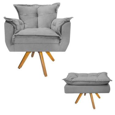 Imagem de Kit Poltrona e Puff Opala Base Giratória de Madeira Suede Cinza - DAMA
