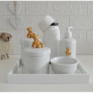 Imagem de Kit Higiene Porcelana Bebê Térmica Potes Bandeja Banho K010 Urso - Cir