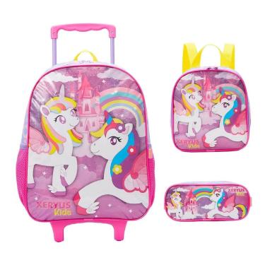 Imagem de Kit Mochila Rodinha Unicornio Lancheira Estojo Escolar 13660