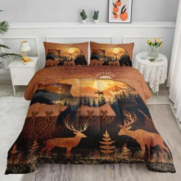 Imagem de Axolotl Jogo de cama casal com urso, caça de veado, para meninas e meninos, conjunto de edredom rústico de casa de fazenda, animal selvagem, 3 peças, retrô com 2 fronhas