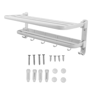 Imagem de Prateleira Dobrável para Toalhas, Barras de Ganchos, Espaço Integrado na Parede, Alumínio, Banheiro