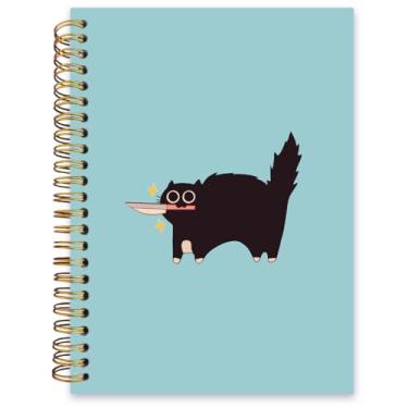 Imagem de ISANOU Caderno de gato com faca, caderno espiral forrado com gato preto engraçado, capa dura, caderno pautado para faculdade, caderno de escritório escolar para trabalho, 14 x 21 cm, 80 páginas,