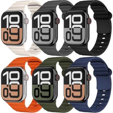 Imagem de Pacote com 6 pulseiras esportivas para Apple Watch 40 mm, 41 mm, 42 mm, 38 mm, 44 mm, 45 mm e 46 mm, pulseira de silicone macio à prova d'água para Apple Watch séries 10, 9, 8, 7, 6, 5, 4, 3, SE 2