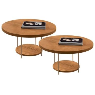Imagem de Kit 02 Mesas De Centro Para Sala Redonda Tampo Mdf Pés Aço Allure B01 Cinamomo - Lyam D...