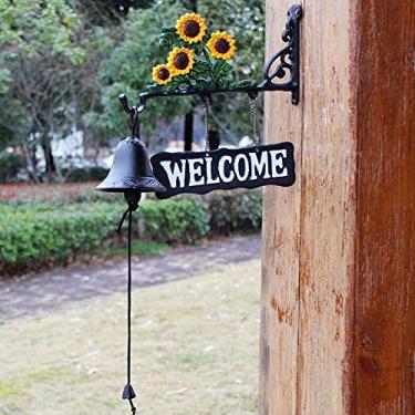 Imagem de Campainha de boas-vindas retrô europeia com girassol - Placa decorativa de boas-vindas de ferro fundido rústica para entrada de porta ou varanda uso interno ou externo