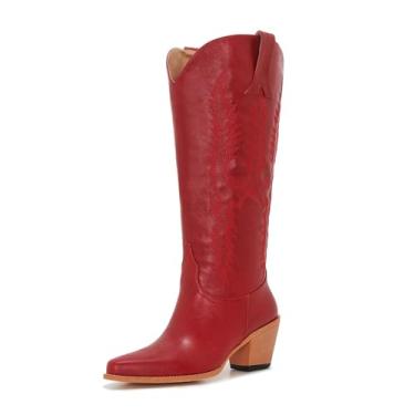 Imagem de ZXHYZLZ Botas de caubói para mulheres, panturrilha larga, cano alto, alto, estilo ocidental, confortável, botas de cowgirl plus size, salto grosso, Vermelho, 10 Wide