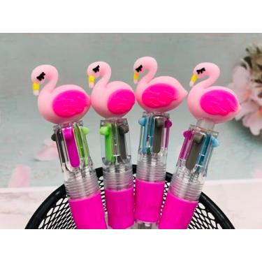 Imagem de Finpletai Linda caneta flamingo multicolorida em uma 4 em 1 para crianças, canetas divertidas, mini canetas esferográficas kawaii, tinta sortida, presente de aniversário, presente de estudante