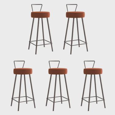 Imagem de Kit 05 Banqueta Alta Com Encosto Tais Eiffel Cozinha Bar Bistrô Ferro Marrom Sintético Laranja - Ahz Móveis