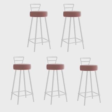 Imagem de Kit 05 Banqueta Alta Com Encosto Tina Eiffel Cozinha Bar Bistrô Ferro Branco Suede Rosa Gold - Ahz Móveis