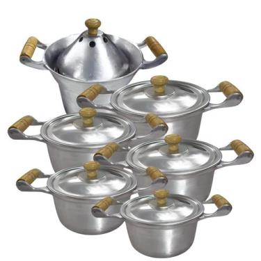 Imagem de Jogo De 5 Panelas Alumínio Fundido Polido Tampas Leve Com Fervedor De 