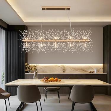 Imagem de witkey Lustre Moderno De Cristal Dourado Com 47,2" Em Formato De Fogos De Artifício, Luminária Pendente Com 15 Lâmpadas, Lustre Retangular Linear Sputnik Em Formato De Dente-De-Leão Para Sala De Jan