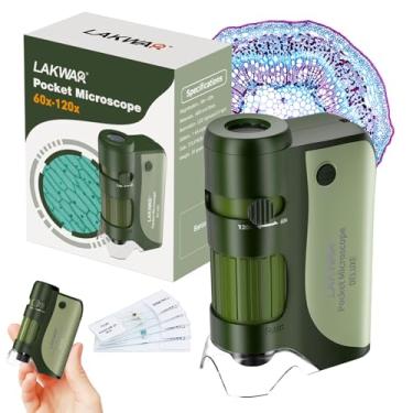 Imagem de LAKWAR Microscópio de bolso para crianças e adultos, microscópio portátil de 60 x 120 x com 5 lâminas de microscópio, minicroscópio para crianças, estudantes, adultos, educação em laboratório de