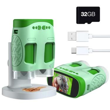 Imagem de ZOMFOM Microscópio digital para crianças, tela IPS 3 em 1 de 5.1 cm, microscópio eletrônico, telescópio, câmera digital, zoom 800x, captura de vídeos e fotos, luz LED ajustável, cartão de 32 GB