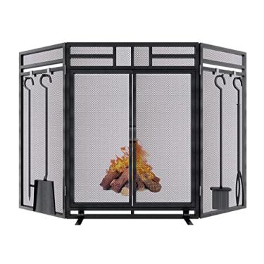 Imagem de Grandhom Tela De Lareira Com Portas E Conjunto Ferramentas, Proteção Dobrável Metal 3 Painéis, Suporte Malha Ferro Forjado Para Lareira, Altura 32" Largura 48", Portão Segurança Pinças, Atiçador, Pr