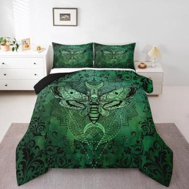 Imagem de Feelyou Jogo de cama queen gótico para meninos e meninas, verde escuro, damasco, mariposa da morte, boêmio, para decoração de quarto de adolescentes com 2 fronhas