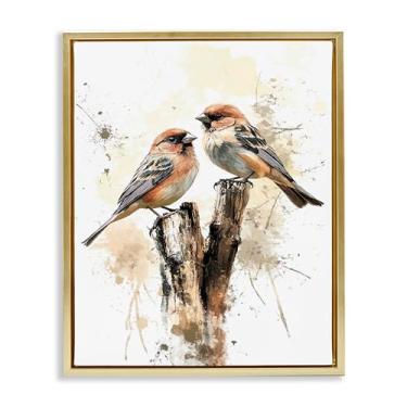 Imagem de Stupell Industries Pássaros gêmeos no poleiro, moldura dourada, tela flutuante, arte de parede, design de Franklyn Gregory, 64 x 79 cm