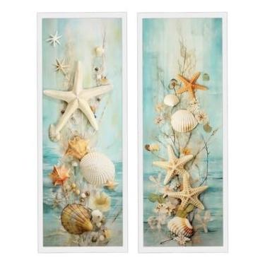 Imagem de Kit 2 Quadros Banheiro Lavabo Toalete, Mar, Concha Vidro (Branco)