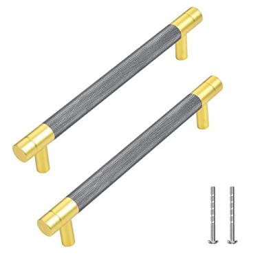 Imagem de 10 pacotes TRUSTMI puxadores de armário de 6 a 1/4 polegadas puxadores de gaveta central puxadores serrilhados padrão de diamante ferragens para banheiro maçanetas, cinza e dourado
