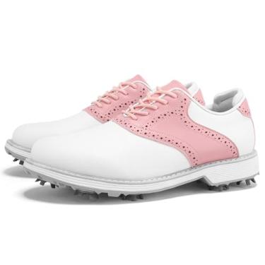 Imagem de ZHENSI Spikes Tênis de golfe feminino à prova d'água para treinamento de golfe de couro com cadarço antiderrapante, Rosa B, 38 BR