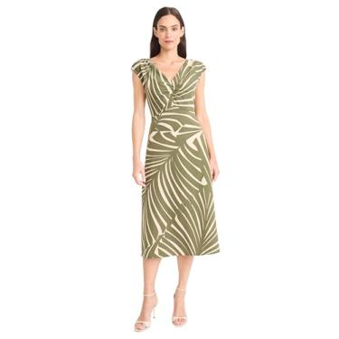 Imagem de Maggy London Vestido feminino midi sem mangas com decote em V, tecido leve e amarrado na cintura, Creme/verde-oliva, 46