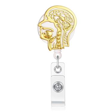Imagem de MEDFOLY Porta-crachá de caveira ENT retrátil, suporte de crachá de otorrinolaringologia médica, clipe de crachá em forma de cabeça vazada escalável para enfermeiras médicas