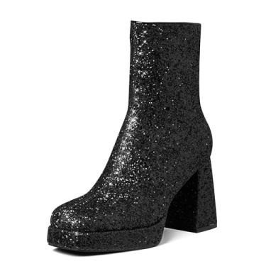 Imagem de Eteridrey Botas femininas de cano curto, com glitter, salto alto, plataforma, com zíper lateral, botas curtas, brilhantes, vestido de festa, Halloween, cosplay, botas GoGo, 1 preto, 9