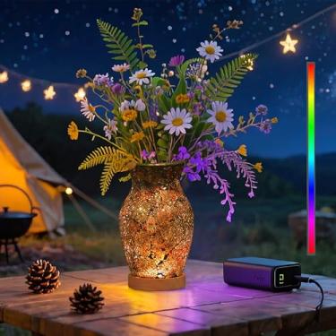 Imagem de ZHIPINHUI Candeeiro de cabeceira de vaso de gelo rachado feito à mão de 20 cm com base de madeira LED alimentada por USB, luz de humor RGB de ciclo automático, luz noturna de vaso marrom âmbar e