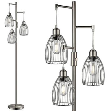 Imagem de Luminária de chão regulável, metal, 3 lâmpadas LED Edison de 800 LM incluídas, luminária de chão industrial em pé com elegantes cabeças de gaiola de lágrima, lâmpadas altas para sala de estar, quarto