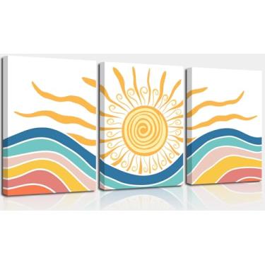 Imagem de LNLAGBO Conjunto de 3 arte de parede emoldurada Boho Sunshine Impressão em tela Amarelo Sol Nascendo no Mar Arte Minimalista, Meados do Século Moderno Boho Sol Decoração de Parede para Quarto Sala de