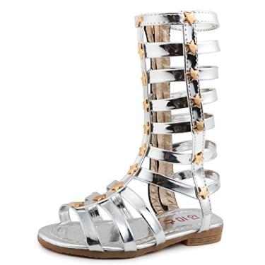 Imagem de Skeblo sandália feminina gladiadora rebites vestido de princesa de verão com tiras planas com zíper botas sapatos, Prata, 1.5 Little Kid